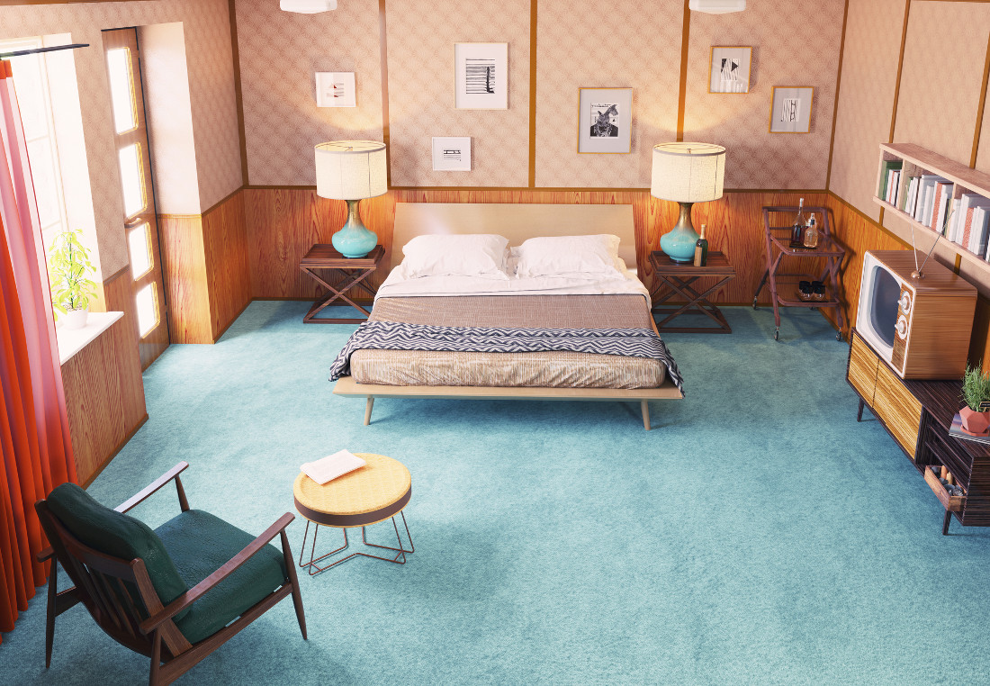 una camera da letto stile vintage anni '50 con carta da parati